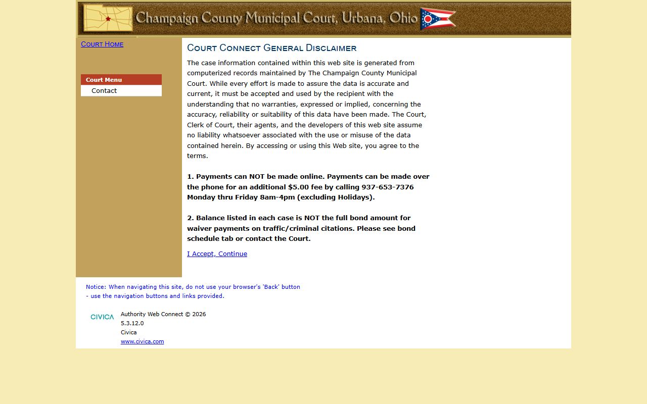 Champaign County Municipal Court public access disclaimer for court case records