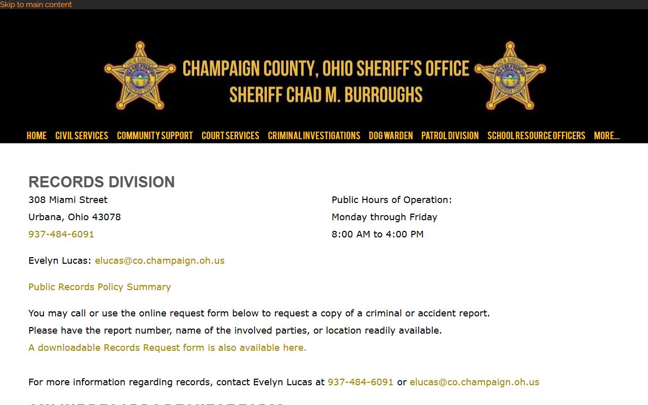 Champaign County inmate records request page for Sheriff's Records Division