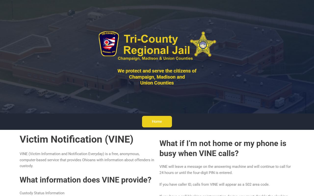 Tri-County Regional Jail VINE custody notification information for Champaign County inmates